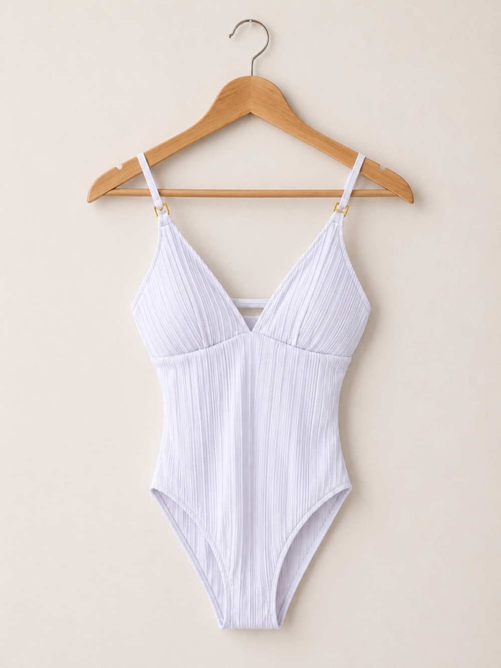 BECCA Women’s Medium White Ribbed V-Neck One-Piece Swimsuit with Gold Hardware